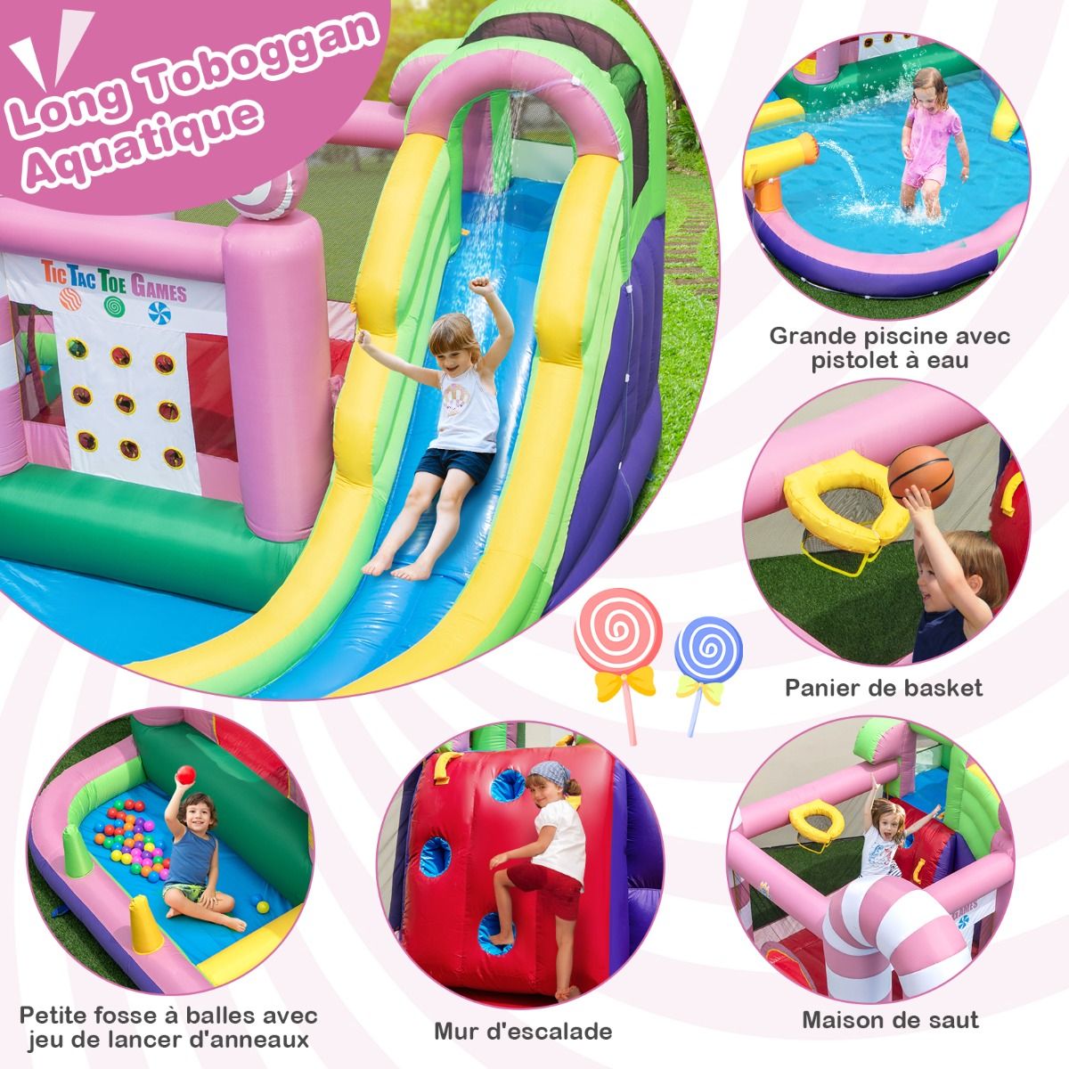 9 in 1 Inflatable Candy Shaped Castle with Slide Inflatable Jumping House with Water Gun Load 90kg for 2 Children Ages 3-10 - - Image 5