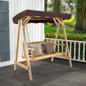 2 Seater Wooden Garden Swing Swing with Waterproof Tilting Roof Adjustable Metal Chain Load 240KG A-Frame for Garden Veranda Courtyard -