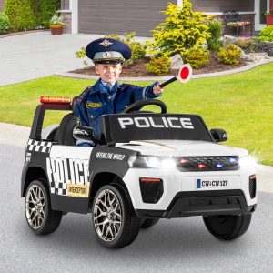 Electric Police Car Battery Powered 12V/7A Remote Control Wireless Connection Music Horn Siren LED Lights White -