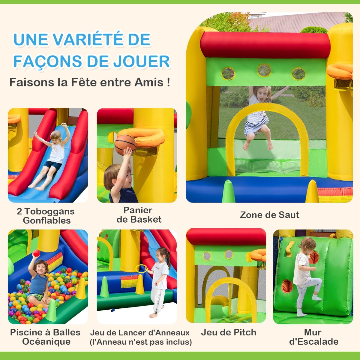 7 in 1 Rainbow Theme Inflatable Castle with Fan Double Slides Pool Balls Basketball Hoop Load 90kg - - Image 7