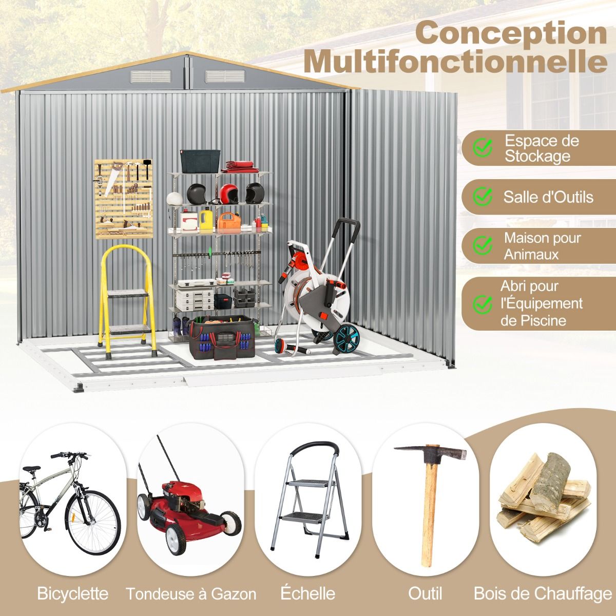 Storage Shed 259cm x196cm with Foundation Base Home Galvanized Metal Tools with 4 Vents Waterproof and Windproof Natural - - Image 6