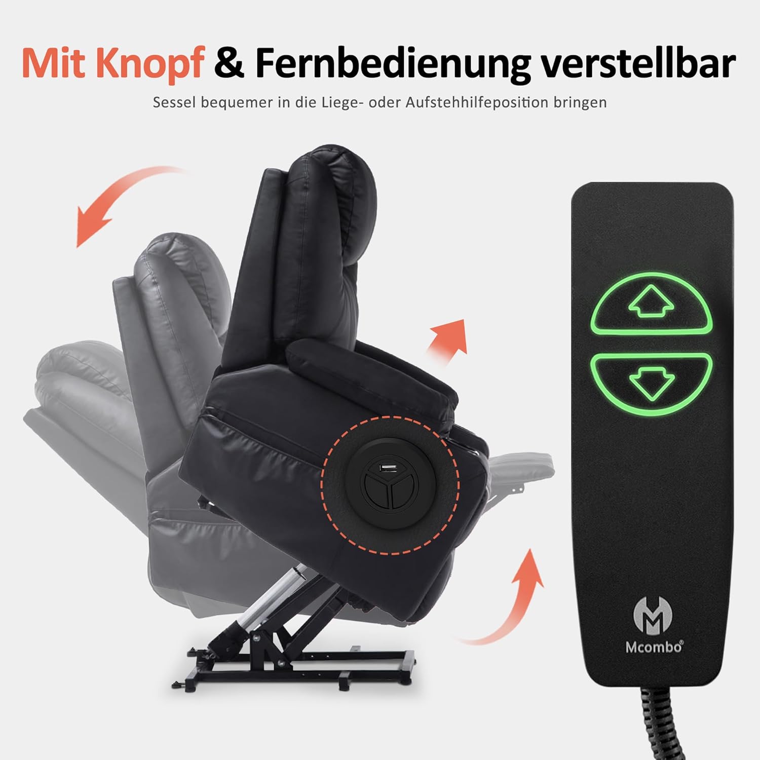 MCombo electric tie-down aid, TV armchair, Relaxing armchair, Massage, Heating, Electrically adjustable USB connection, Faux leather, Black - Image 5