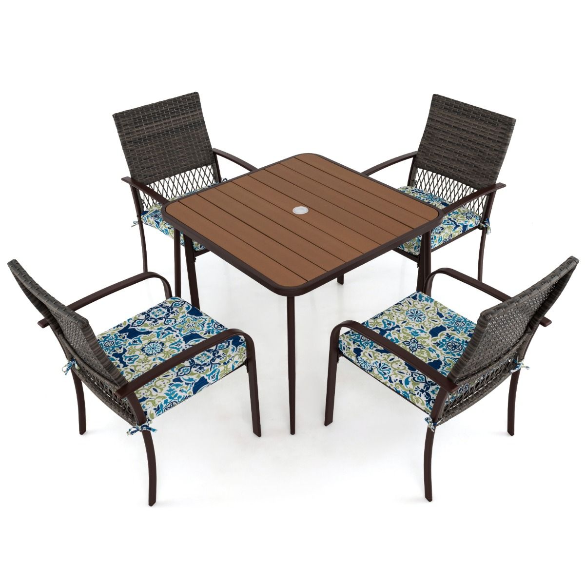 5 Piece Patio Furniture Set Garden Furniture 4 Rattan Armchairs with Cushions and Square Table with Umbrella Hole - - Image 3