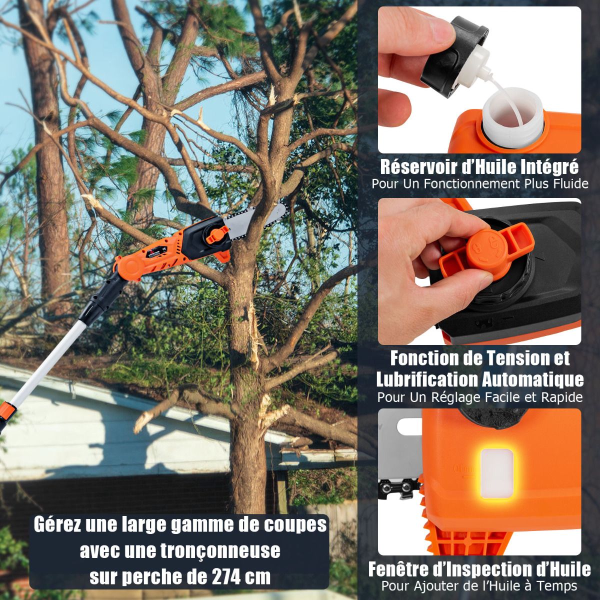 Telescopic Cordless Pole Pruner 198 -274 cm Branch Cutter with 20V Battery and Orange Charger - - Image 9