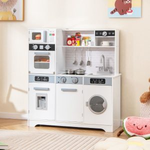 Play Kitchen for Ages 3 and Up Wooden Kitchen Toys with Sink Faucet Water Dispenser Microwave Oven Utensils White -