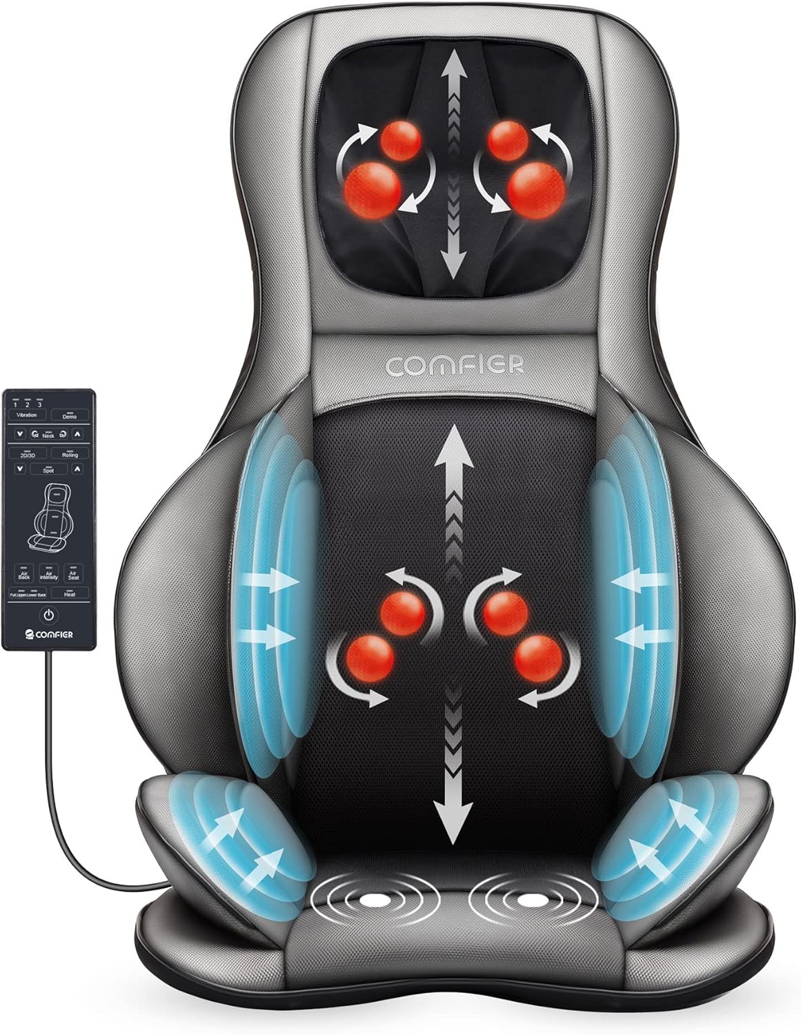 COMFIER Shiatsu Massage Seat for Back & Neck - 2D/3D Kneading Full Back Massager with Adjustable Heat and Compress, Hip/Neck/Back Massage Chair, Full Body Massager