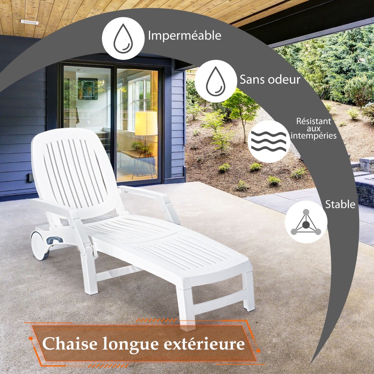 5 Position Adjustable Reclining Lounge Chair with Flexible Wheels Camping Relax Armchair with Storage Box Load 150KG White - - Image 11