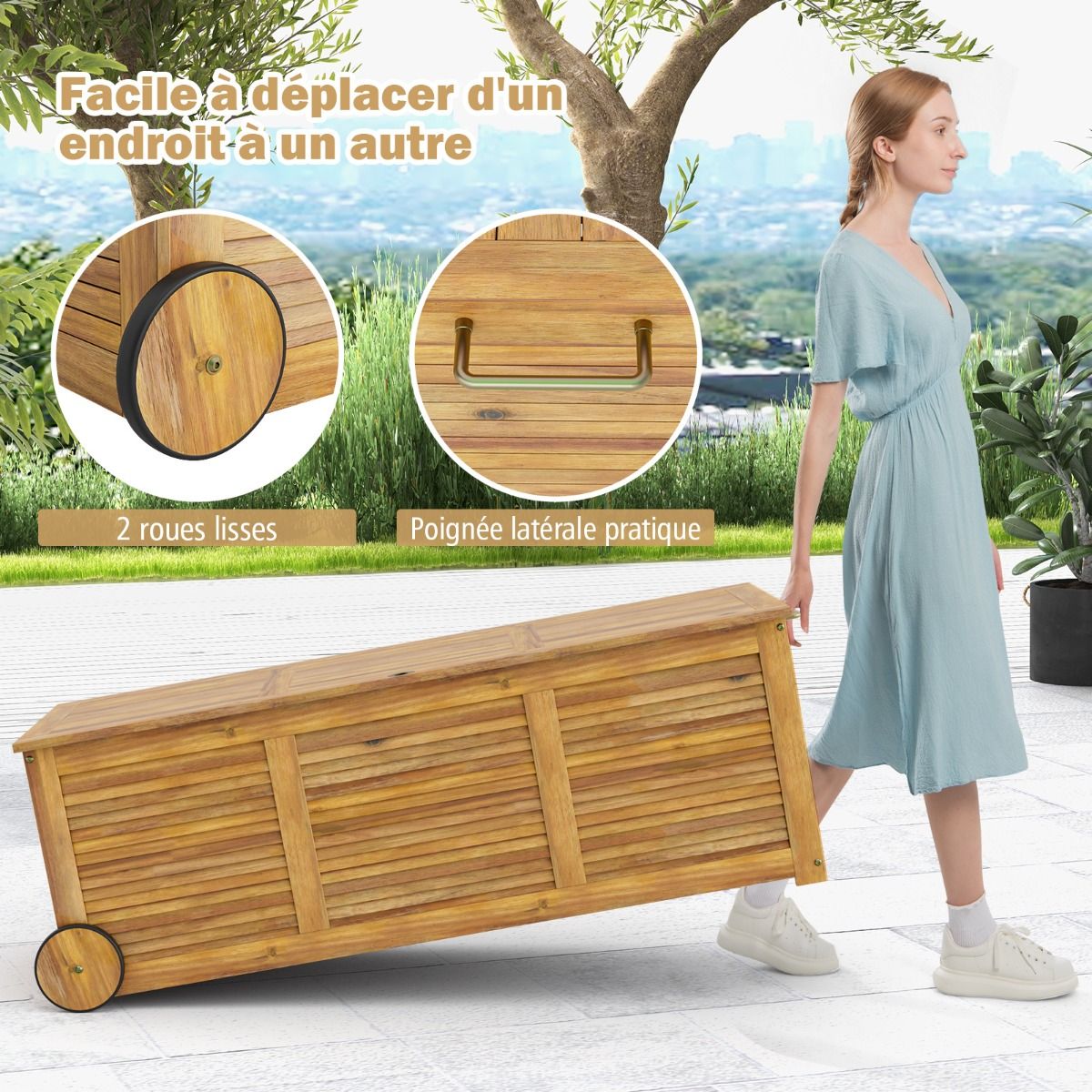 182L Acacia Wood Storage Chest Metal Hinge Outdoor Storage Bench on Wheels for Garden Patio - - Image 5