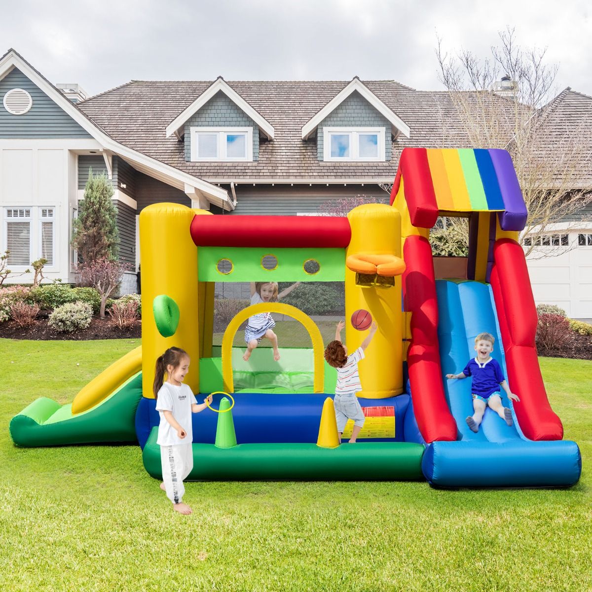 7 in 1 Rainbow Theme Inflatable Castle with Fan Double Slides Pool Balls Basketball Hoop Load 90kg -