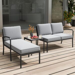 3 Piece Garden Furniture Set Outdoor Upholstered Sofa Set with Coffee Table Sturdy Metal Frame Gray -