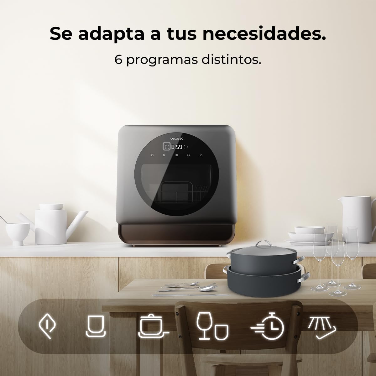 Cecotec Dishwasher Compact Free Installation on Table Bolero Aguazero 1150 Dark. 3 Place Settings, Low Consumption, 6 Programs, Touch Control Panel, Long Storage and Delay Start Functions - Image 4