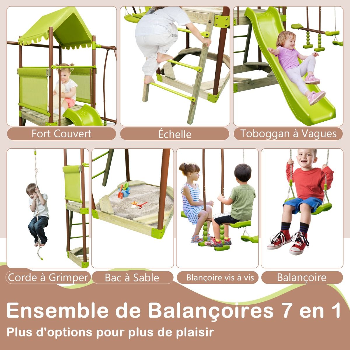 7-in-1 Swing Metal Playground with Covered Fort Height Adjustable Climbing Rope Sandbox Slider Corrugated Slide Green - - Image 5
