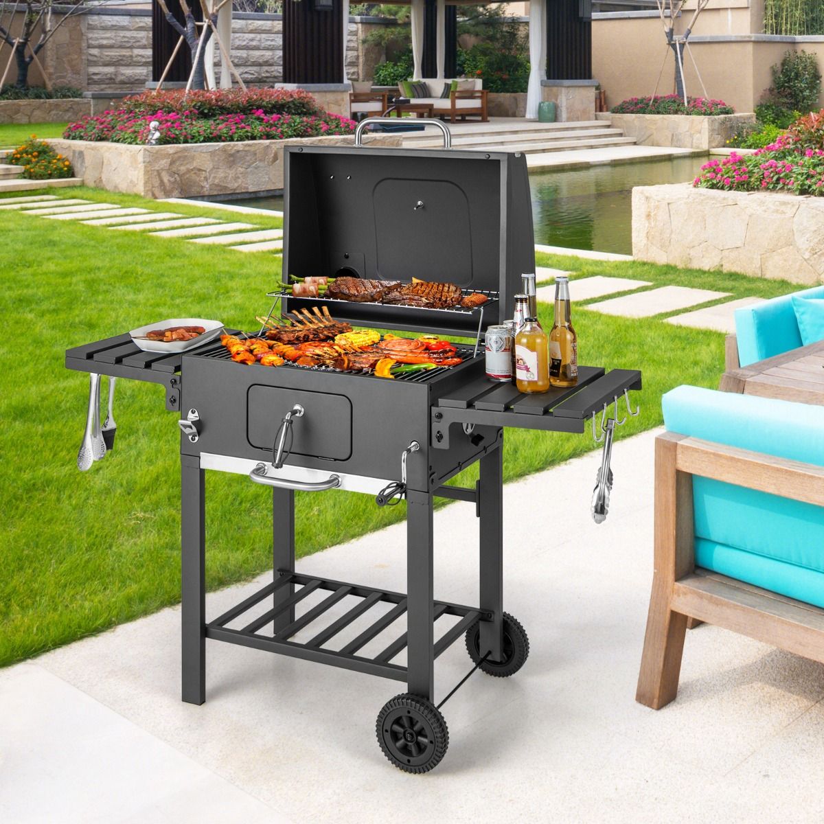 Portable Charcoal Barbecue with 2 Side Tables Black - - Image 2