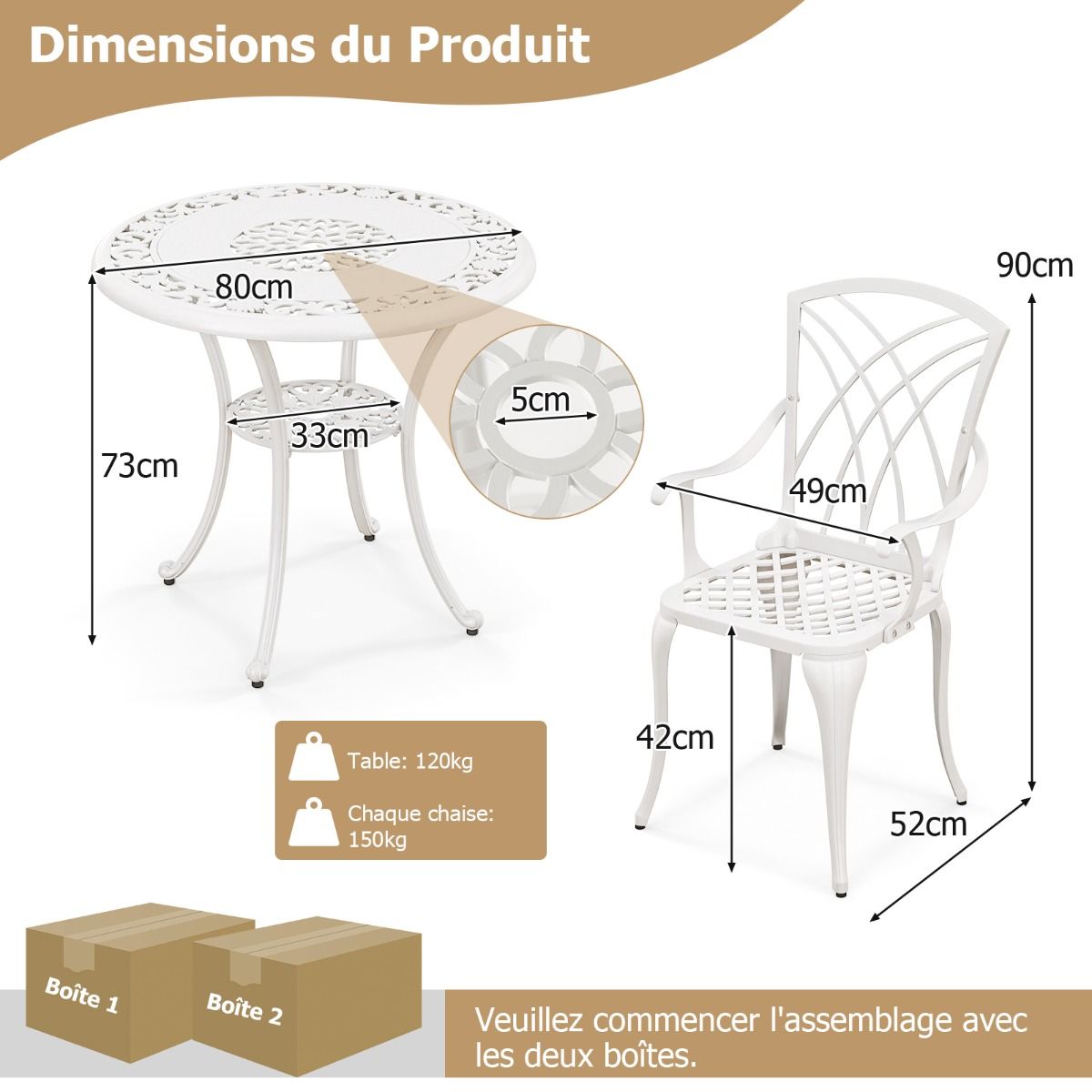5 Pcs Cast Aluminum Garden Furniture Parasol Hole Adjustable Footrest Round Table Set and 4 Chairs White - - Image 8