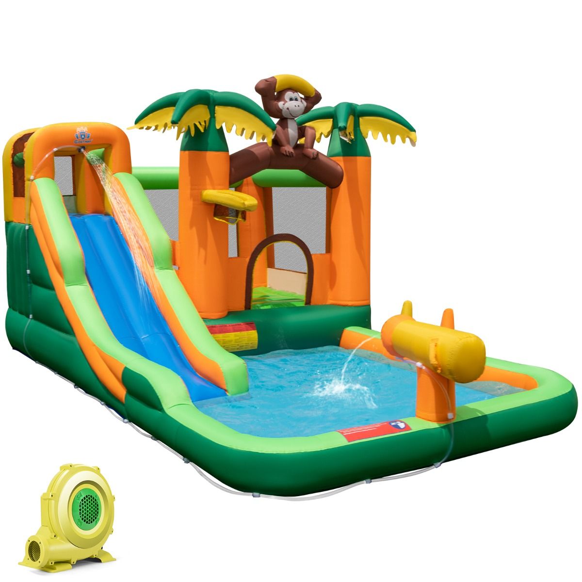 7 in 1 Tropical Inflatable Castle Monkey & Palm Tree Theme with Water Slide with Pool & 50 Balls Load 90kg for 2 Children Aged 3-10 - - Image 2