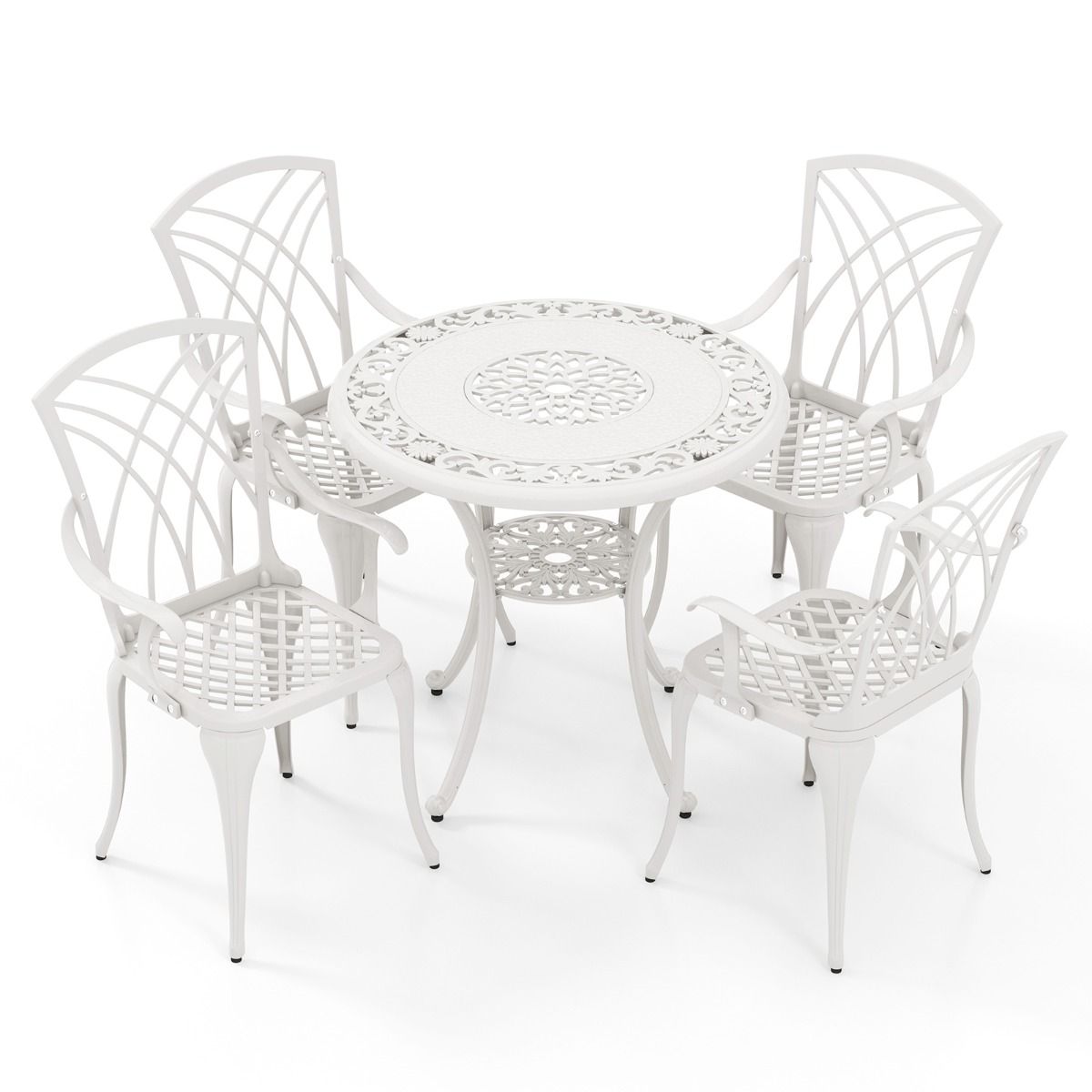 5 Pcs Cast Aluminum Garden Furniture Parasol Hole Adjustable Footrest Round Table Set and 4 Chairs White - - Image 3