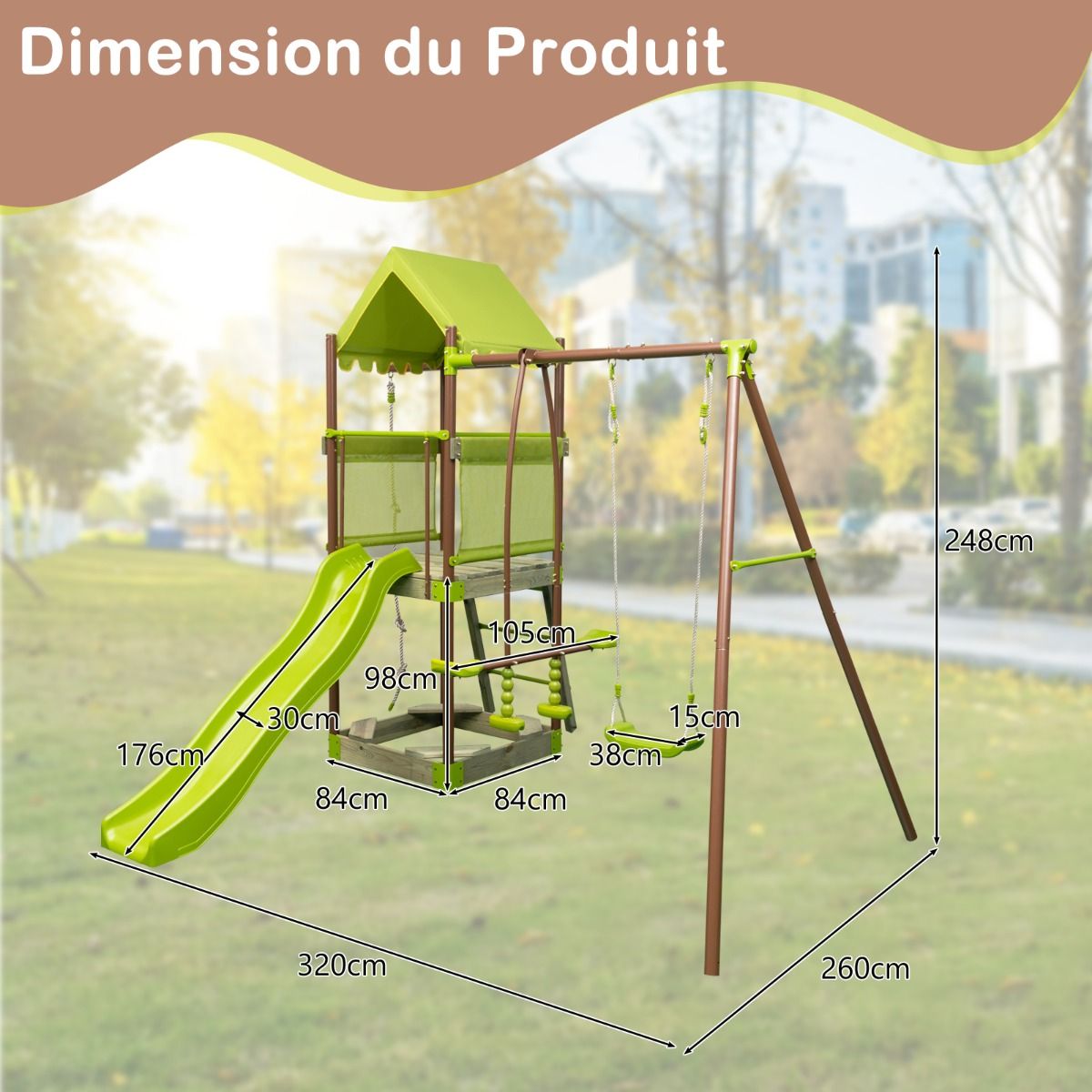 7-in-1 Swing Metal Playground with Strong Canopy Height Adjustable Climbing Rope Sandbox Slider Corrugated Slide Green - - Image 9