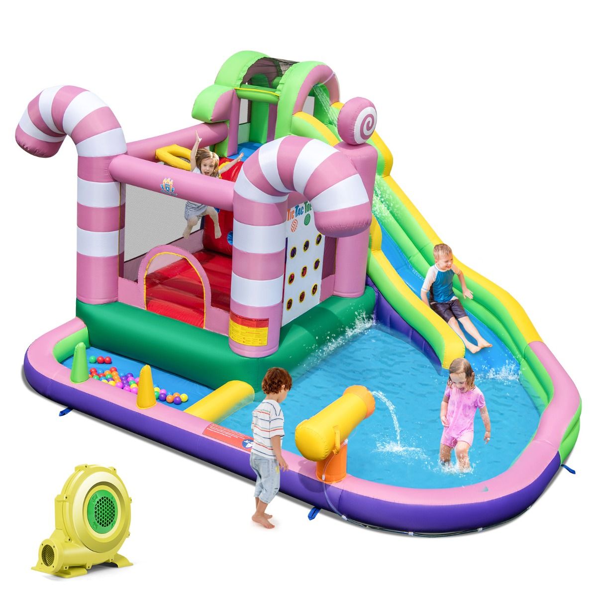 9 in 1 Inflatable Candy Shaped Castle with Slide Inflatable Jumping House with Water Gun Load 90kg for 2 Children Ages 3-10 - - Image 2