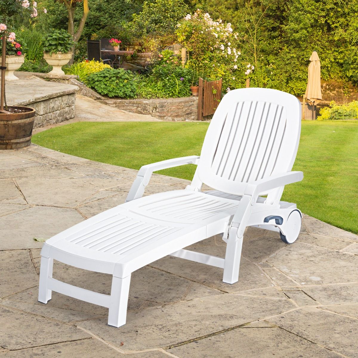 5 Position Adjustable Reclining Lounge Chair with Flexible Wheels Camping Relax Armchair with Storage Box Load 150KG White - - Image 2
