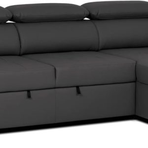 BUDWING John 4-Seater Corner Sofa Bed – Reversible Chaise Longue, Adjustable Headrests and 2 Poufs – Polyurethane Covering – Modern Style – 263x161x96 cm – Black