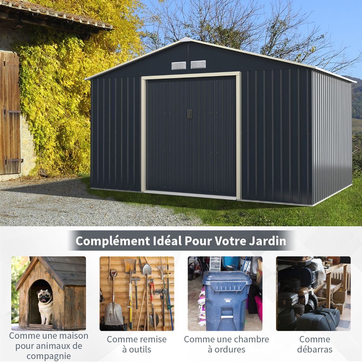 Metal Garden Shed 8.67 340 x 255 x 210 cm with 2 Lockable Sliding Doors 4 Ventilation Holes Gray for Bicycle - - Image 9