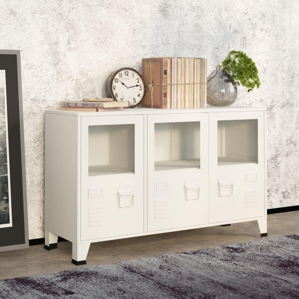 vidaXL Industrial Sideboard Side Cabinet Storage Unit Storage Cabinet Living Room Home Interior White 105x35x62 cm Metal and Glass - Image 2