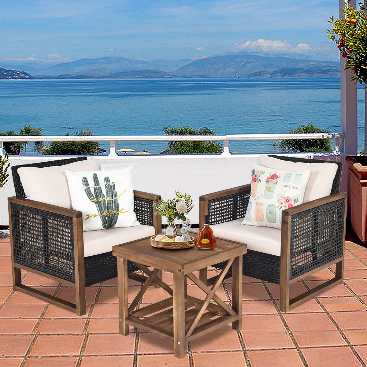 Acacia Wood Garden Furniture Set Handcrafted Rattan Anti-sun Weather Resistant for Porch Balcony Terrace - - Image 3