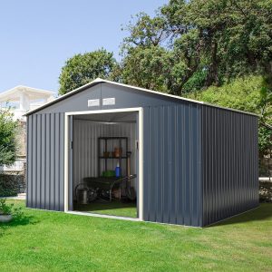 Metal Garden Shed 8.67 銕340 x 255 x 210 cm with 2 Lockable Sliding Doors 4 Gray Ventilation Holes for Bicycle -