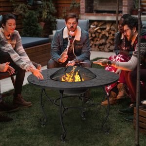 Outdoor Brazier for Garden 80 x 80 x 70 cm 4 in 1 Round Fire Pit with Brazier Cooking Grill Wooden Grill -