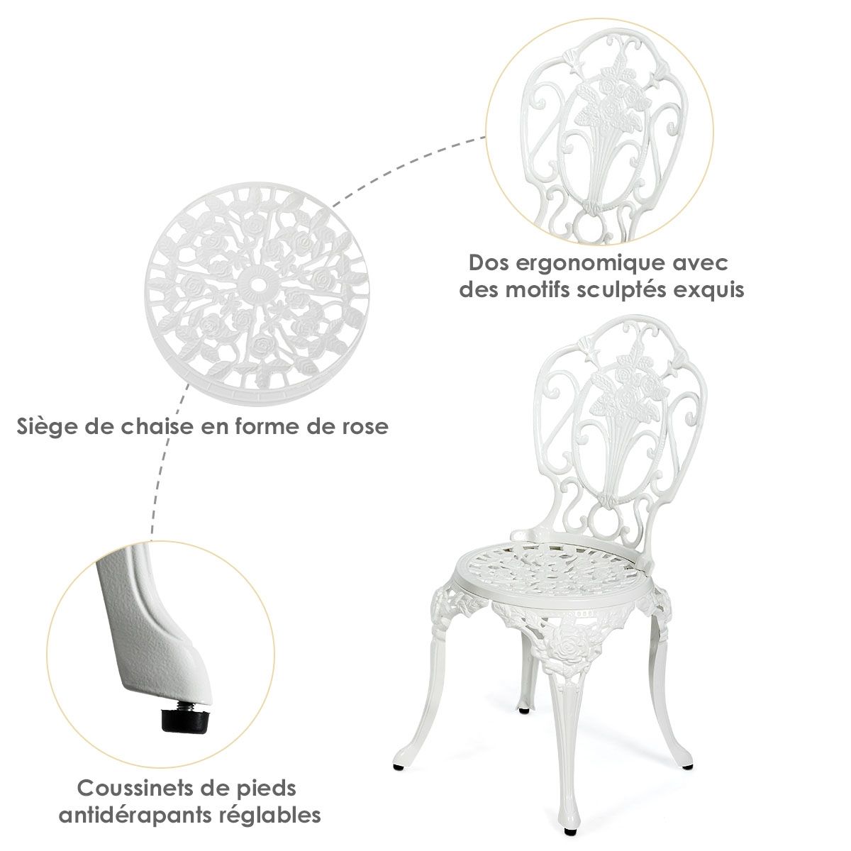 Weather-Resistant White Rose-Shaped Aluminum Garden Table and 2 Chairs Set - - Image 9