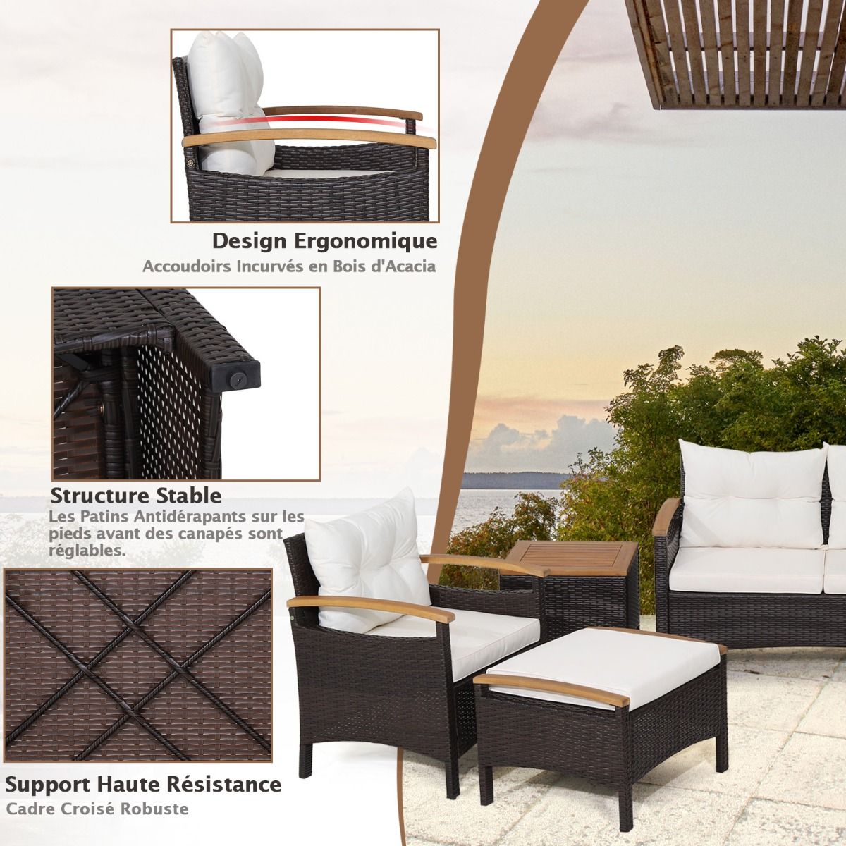 7 Piece PE Rattan Patio Sofa Set with Seat and Back Cushions 2 Ottomans 2 Coffee Tables Table Top - - Image 4