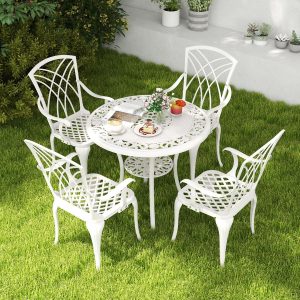 5 Pcs Cast Aluminum Garden Furniture Parasol Hole Adjustable Footrest Round Table Set and 4 Chairs White -