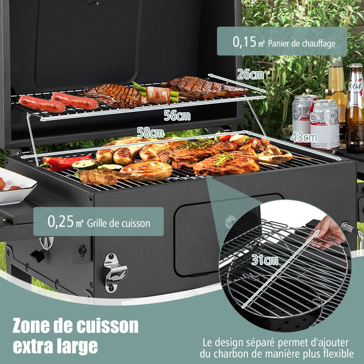 Portable Charcoal Barbecue with 2 Side Tables Black - - Image 6