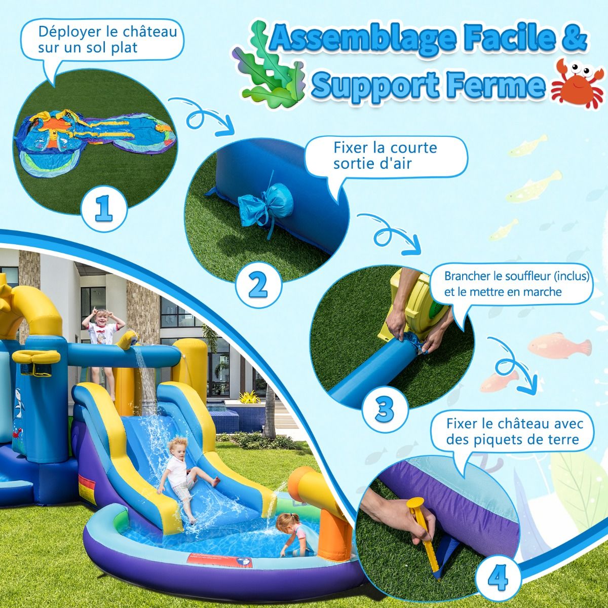 6 in 1 Ocean Bouncy Castle with 680W Blower Water Slide & 2 Pools Inflatable Bounce House Load 90kg - - Image 8