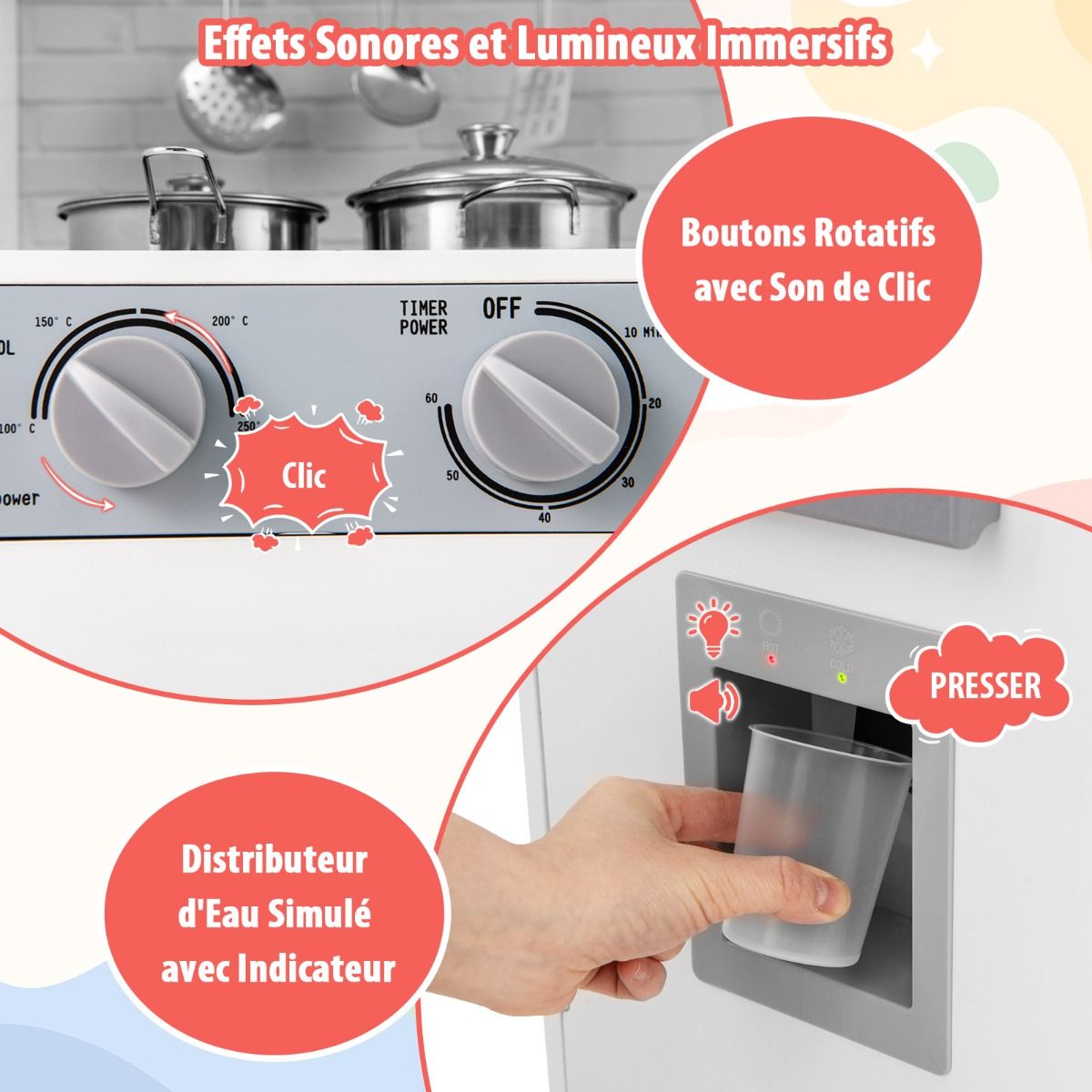 Play Kitchen for Ages 3 and Up Wooden Kitchen Toys with Sink Faucet Water Dispenser Microwave Oven Utensils White - - Image 5