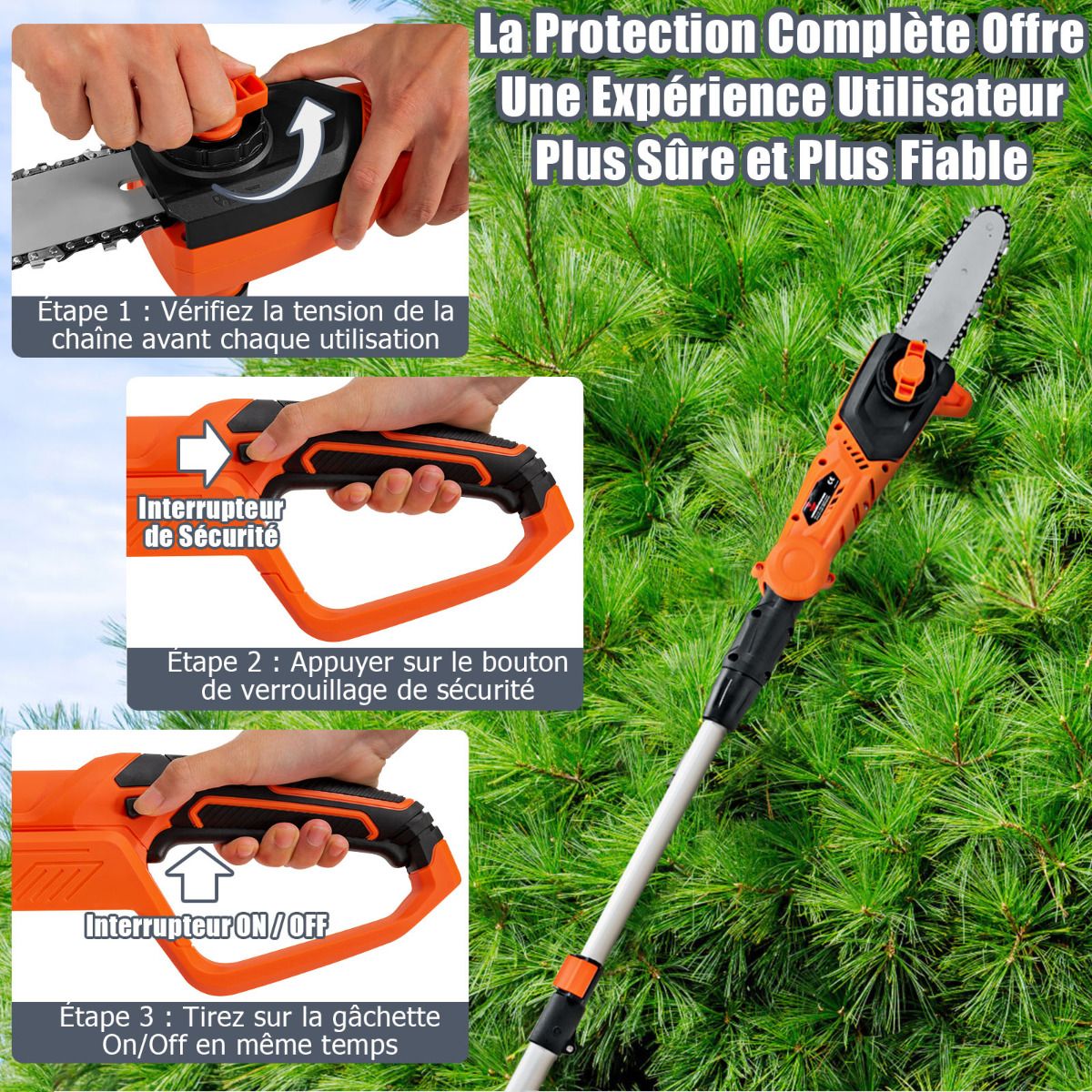 Telescopic Cordless Pole Pruner 198 -274 cm Branch Cutter with 20V Battery and Orange Charger - - Image 6