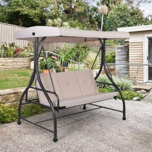 Convertible Outdoor Swing Garden Porch with Cushioned Seats Adjustable Canopy and Coated Metal Frame 3-Seater Hammock Beige -