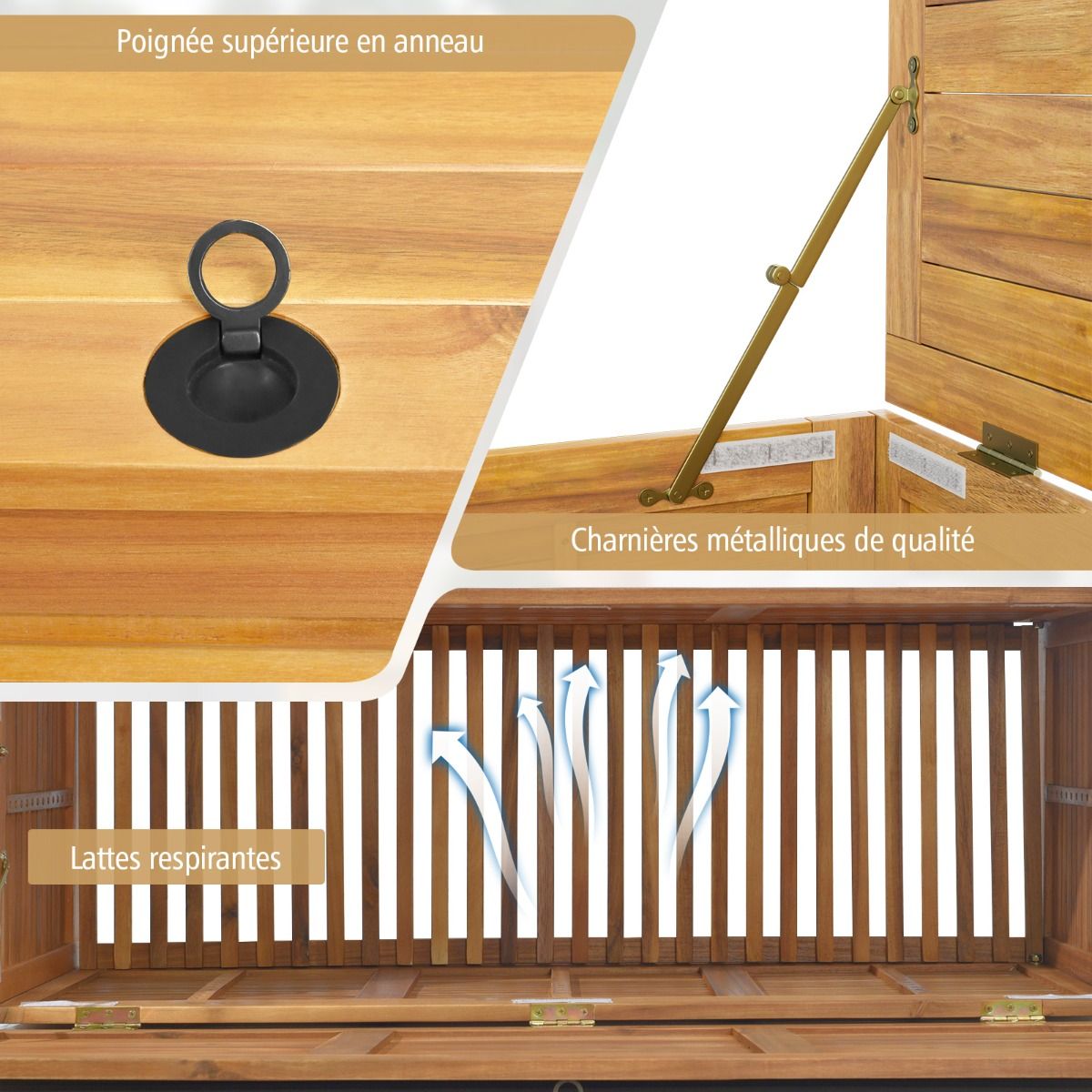 182L Acacia Wood Storage Chest Metal Hinge Outdoor Storage Bench on Wheels for Garden Patio - - Image 6