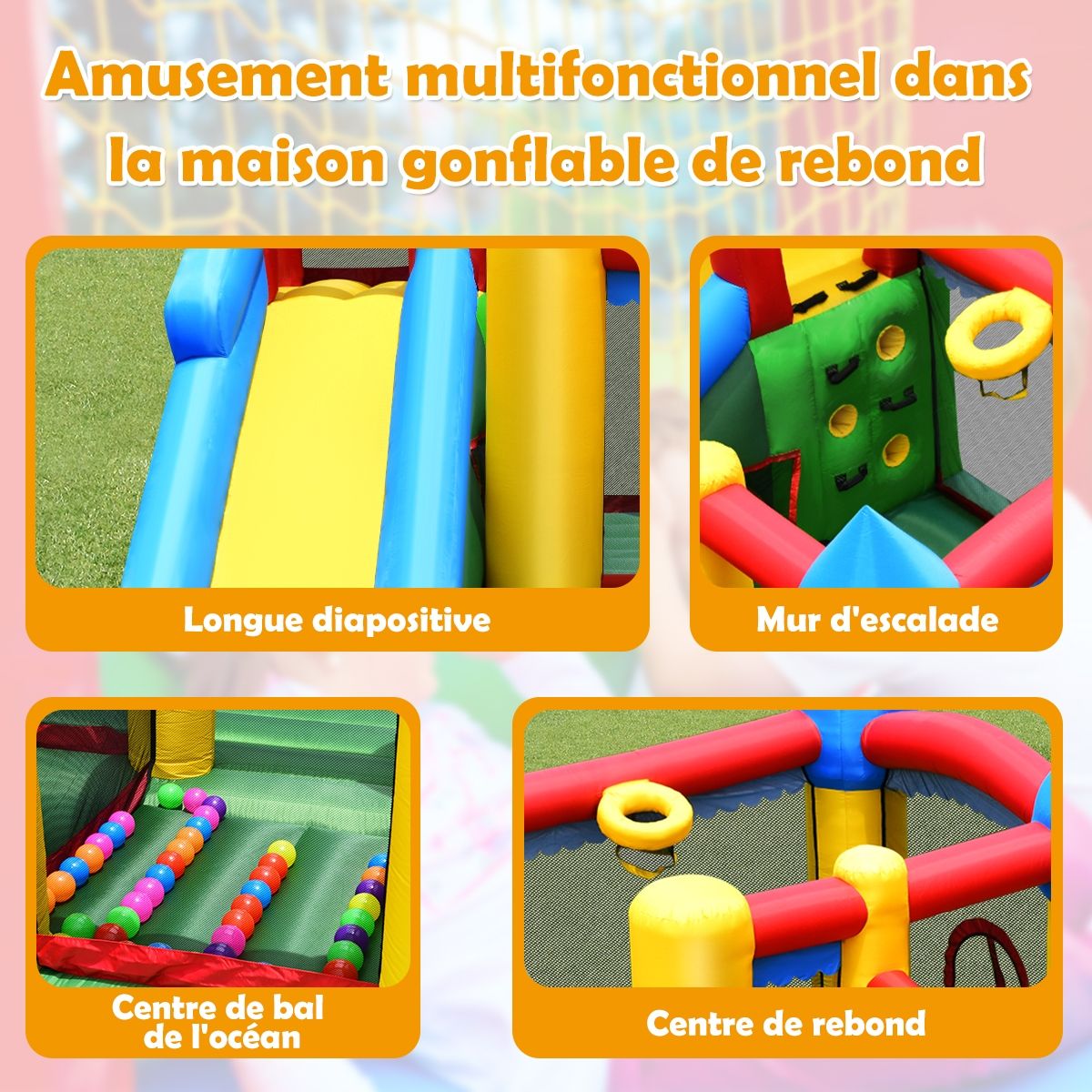 4 in 1 Inflatable Castle for Children 3-10 Years Old with Slide Jumping Area Climbing Wall Basketball Hoop - - Image 7