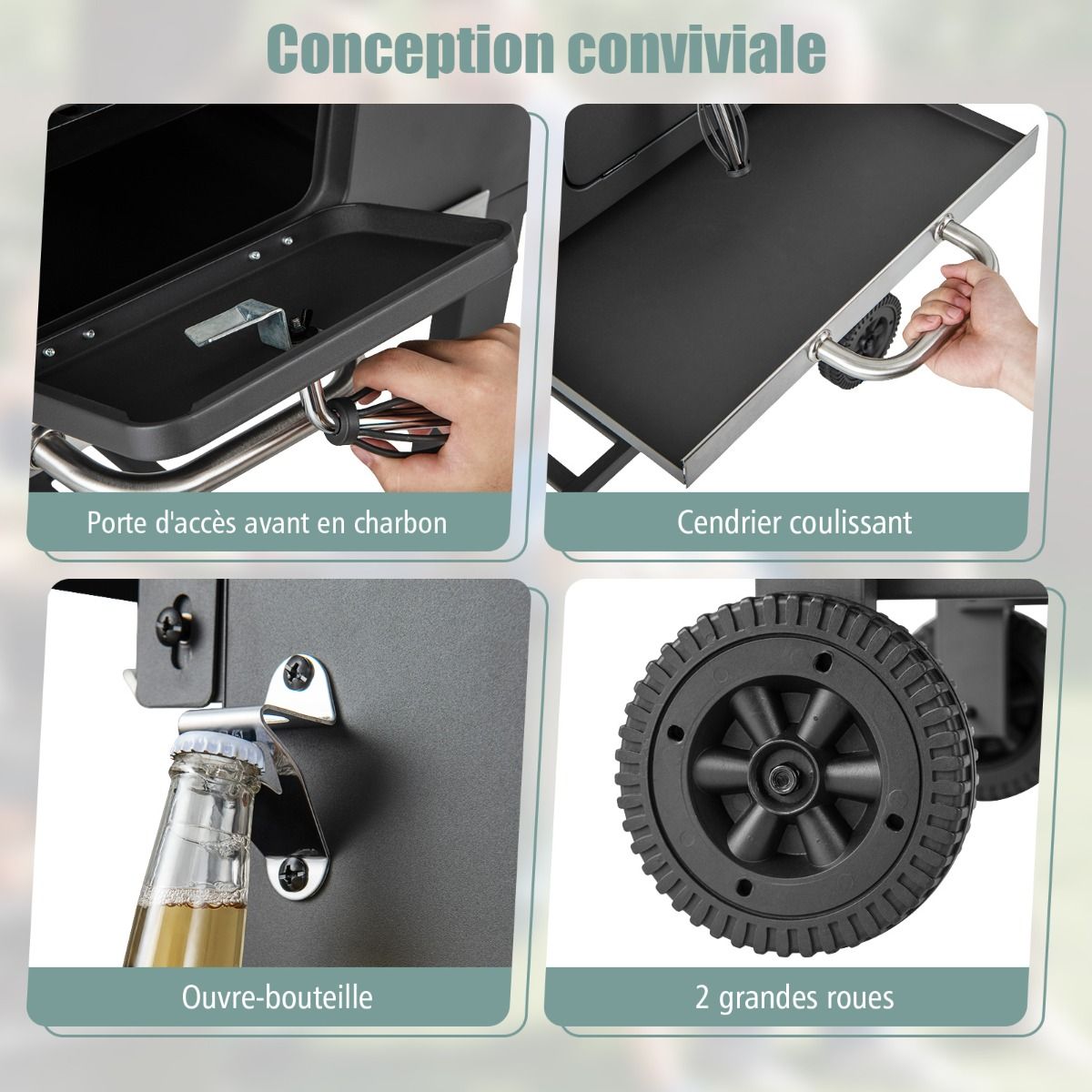 Portable Charcoal Barbecue with 2 Side Tables Black - - Image 7