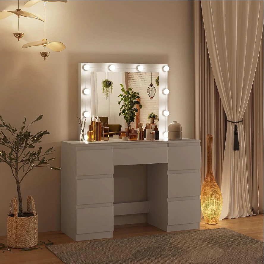 White Dressing Table with LED Mirror - 7 Drawers - - Image 2