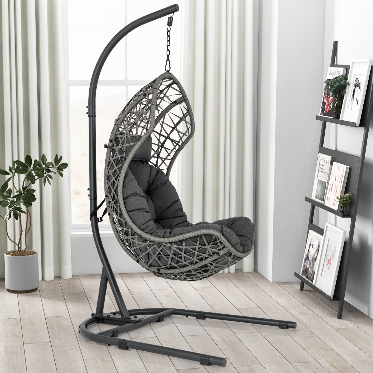 PE Rattan Egg Chair with Support with Pillow and Cushion Hanging Chair with Suspension Accessories Capacity 160 Kg Gray - - Image 4