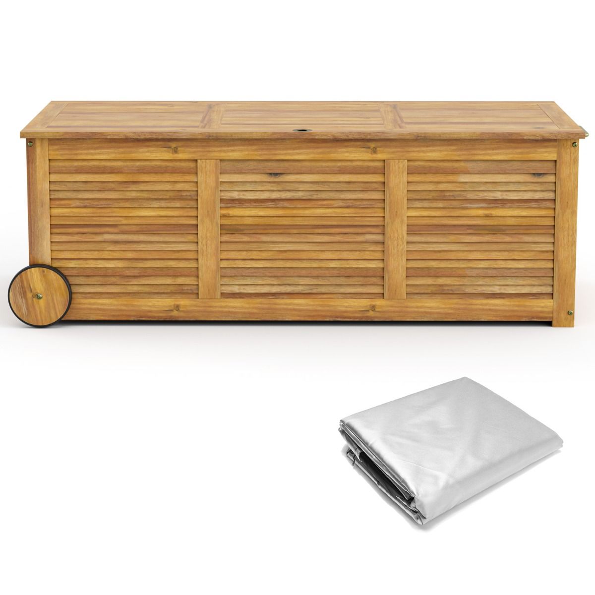 182L Acacia Wood Storage Chest Metal Hinge Outdoor Storage Bench on Wheels for Garden Patio - - Image 4