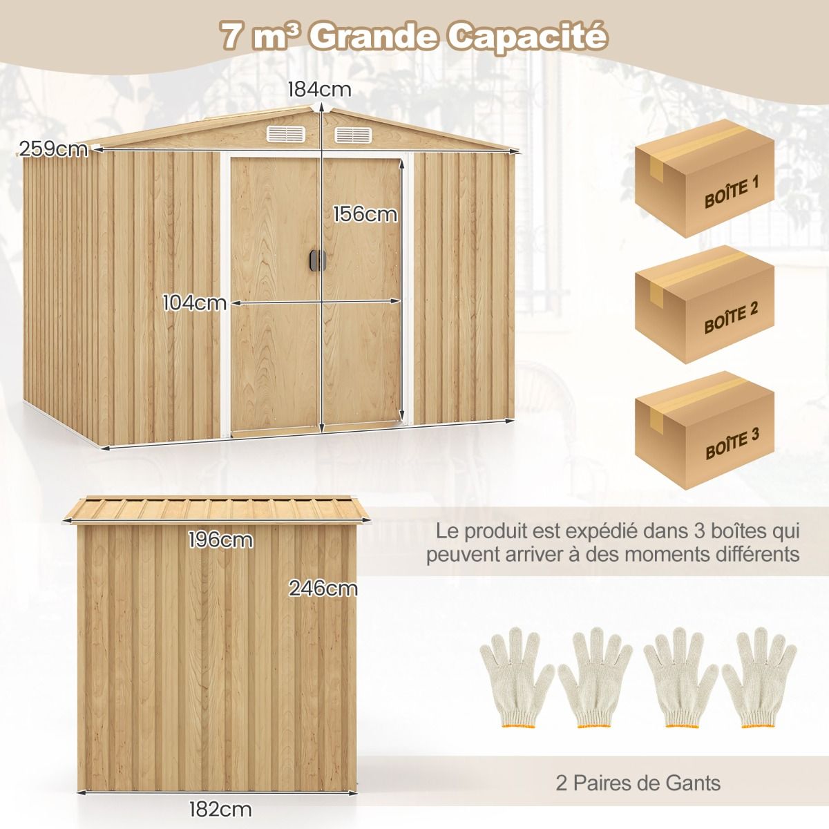 Storage Shed 259cm x196cm with Foundation Base Home Galvanized Metal Tools with 4 Vents Waterproof and Windproof Natural - - Image 10