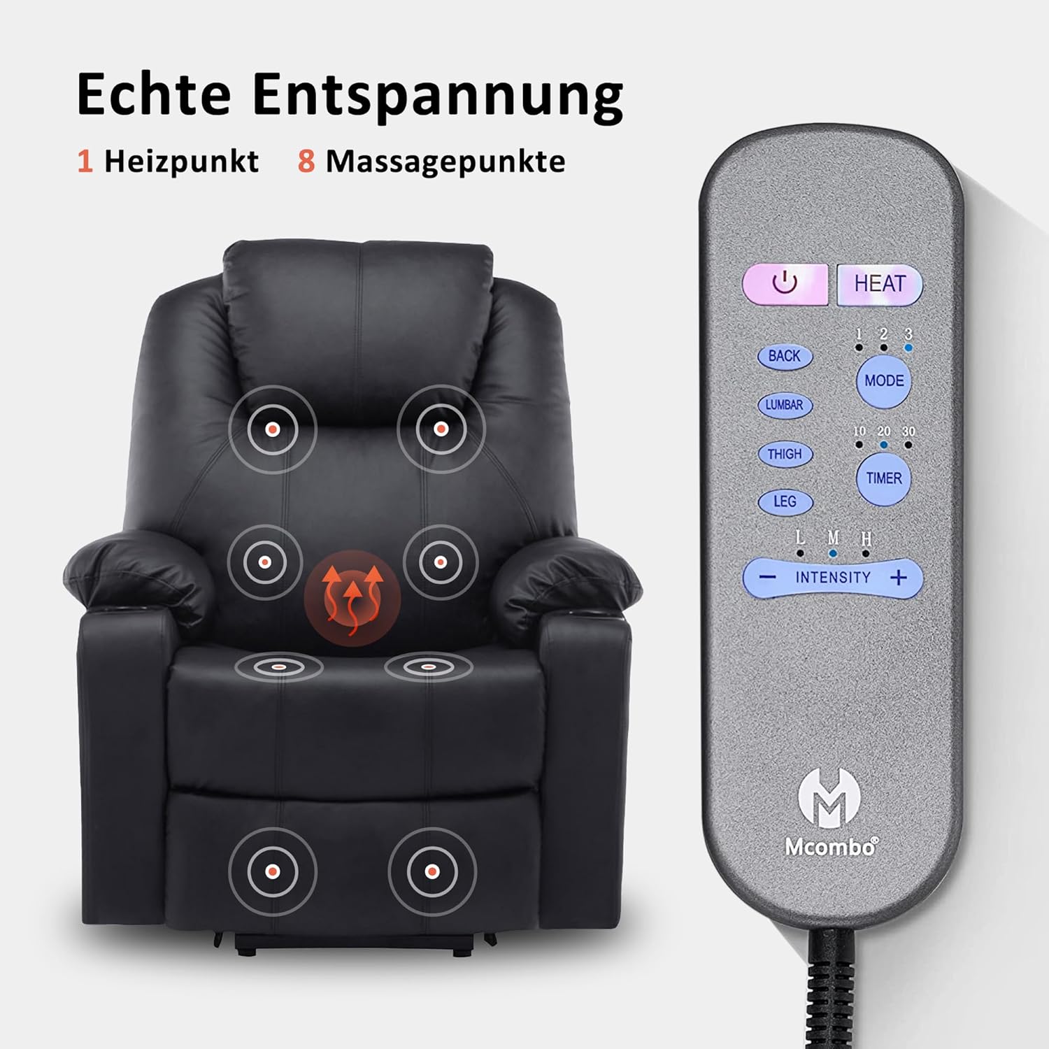MCombo electric tie-down aid, TV armchair, Relaxing armchair, Massage, Heating, Electrically adjustable USB connection, Faux leather, Black - Image 6