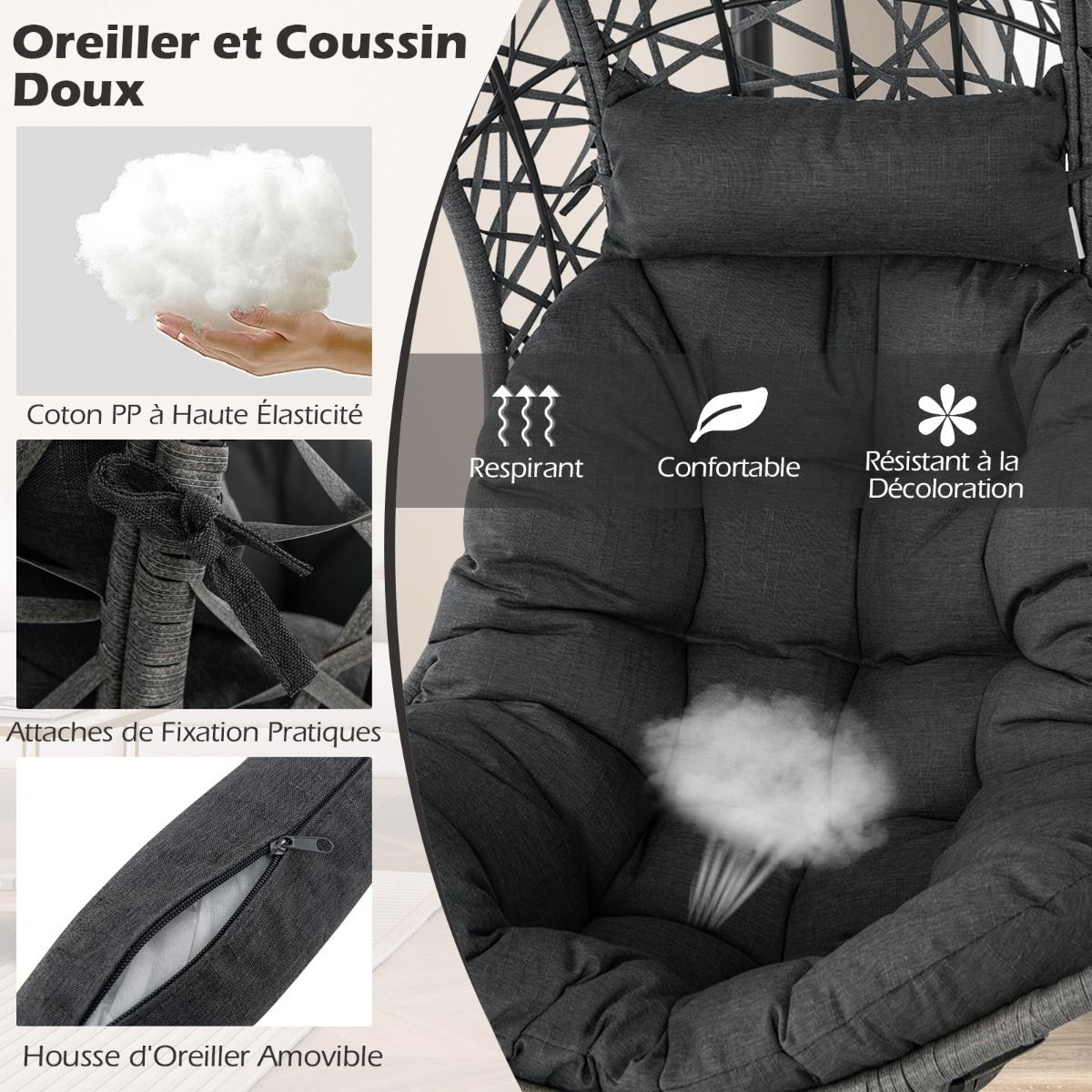 PE Rattan Egg Chair with Support with Pillow and Cushion Hanging Chair with Suspension Accessories Capacity 160 Kg Gray - - Image 7