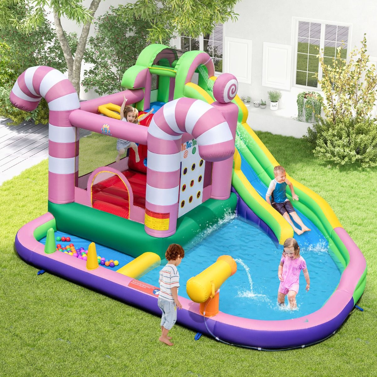 9 in 1 Inflatable Candy Shaped Castle with Slide Inflatable Jumping House with Water Gun Load 90kg for 2 Children Ages 3-10 -