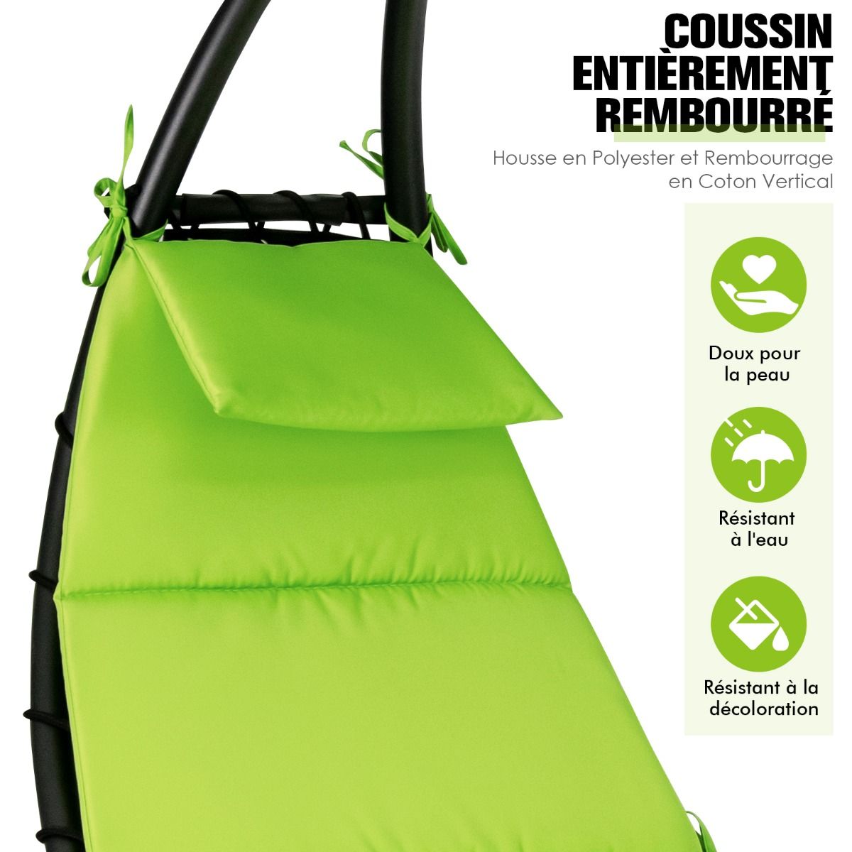 Rocking Sun Lounger Hanging Sun Lounger with Sun Shade & Hammock Cushion Load 150KG 184 cm x 147 cm x 187 cm Green - - Image 8