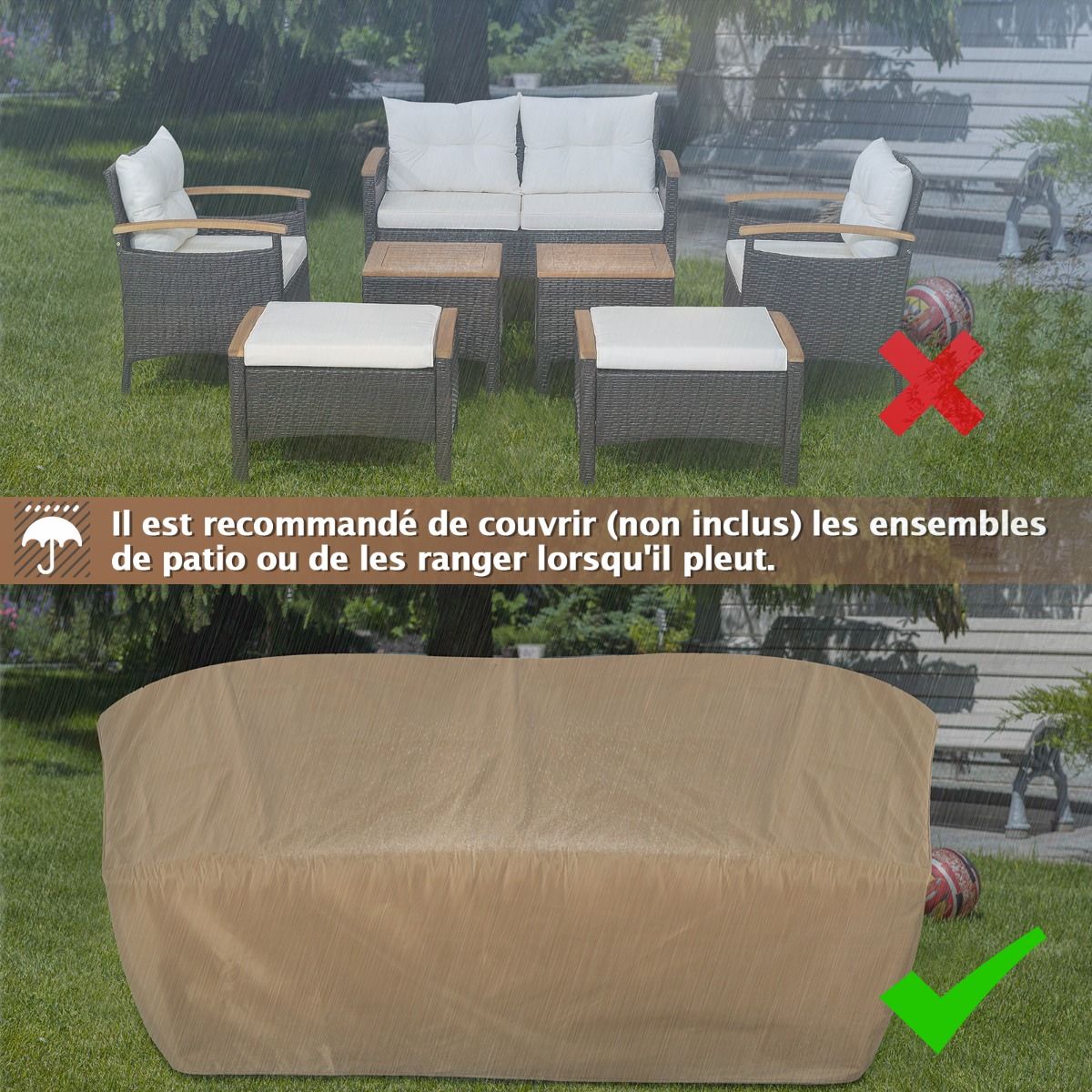 7 Piece PE Rattan Patio Sofa Set with Seat and Back Cushions 2 Ottomans 2 Coffee Tables Table Top - - Image 8
