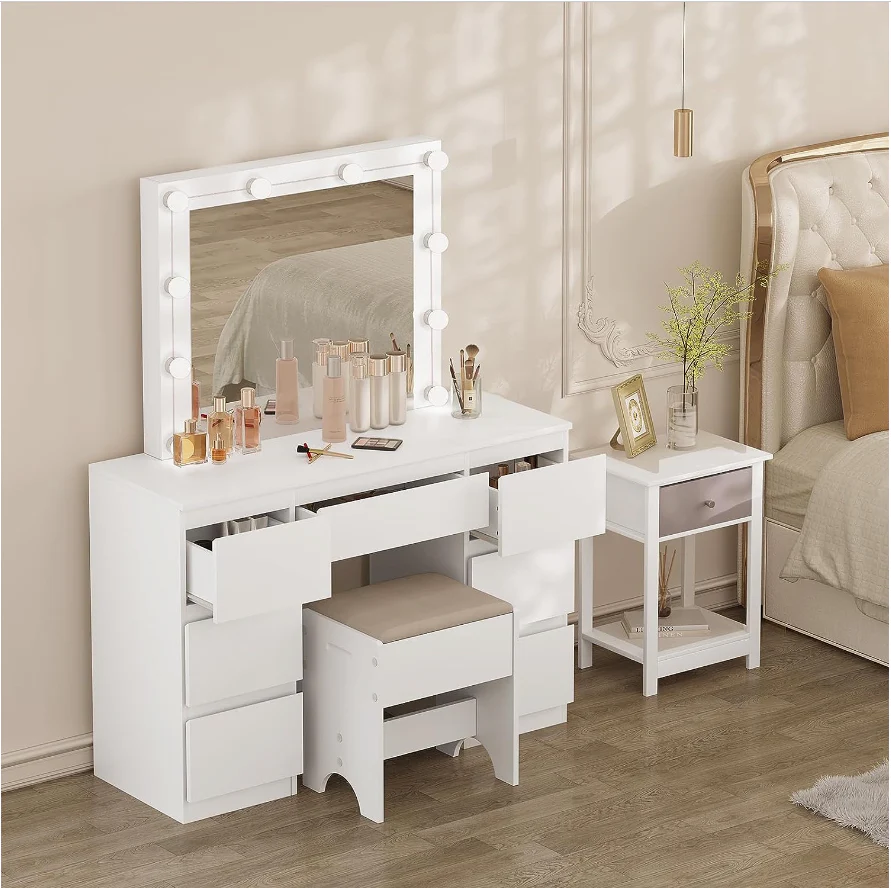 White Dressing Table with LED Mirror - 7 Drawers - - Image 4